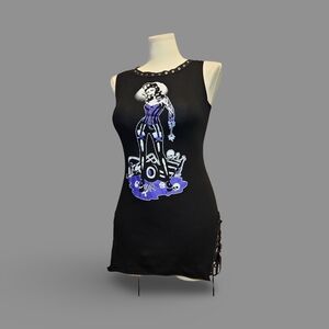 Too Fast Punk Tattoo Graphic w Lace-Up hips & back sleeveless Mini Dress L Black